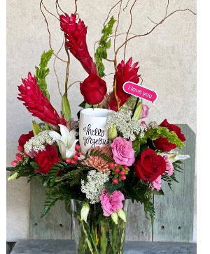 Hello Gorgeous! Fresh arrangement with gifts