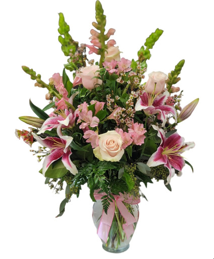 Hello Gorgeous Pink roses, lily's, alstroemeria and snapdragons