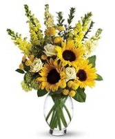 Hello SUNFLOWER'S   Yellow Sunflowers • Green Roses • Green Viburnum • Yellow Snapdragons • Yellow Button Spray Mums