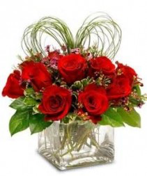 Here's My Heart 1 dz Red roses with a heart shaped from bear grass