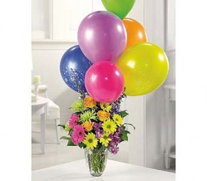 Here's The Party EV83-11 Fresh Vased Arrangement w/balloons in Farmville, VA | CARTERS FLOWER SHOP Here's The Party EV83-11 Fresh Vased Arrangement w/balloons in Farmville, VA | CARTERS FLOWER SHOP