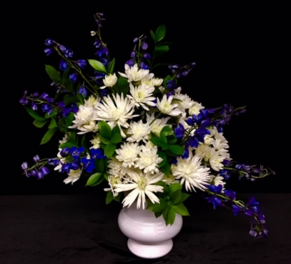 His Love Blue Delphiniums and White Spiders