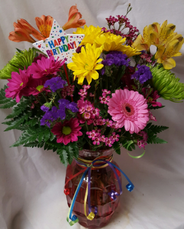 Birthday Celebration Bouquet...bright flowers arra In case with Happy Birthday Pic.
