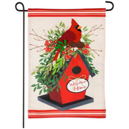 Holiday Birdhouse Garden Burlap Flag