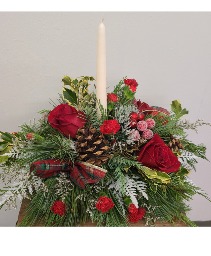 Holiday Centerpiece with Candle  Traditional Holiday Centerpiece with assorted pine
