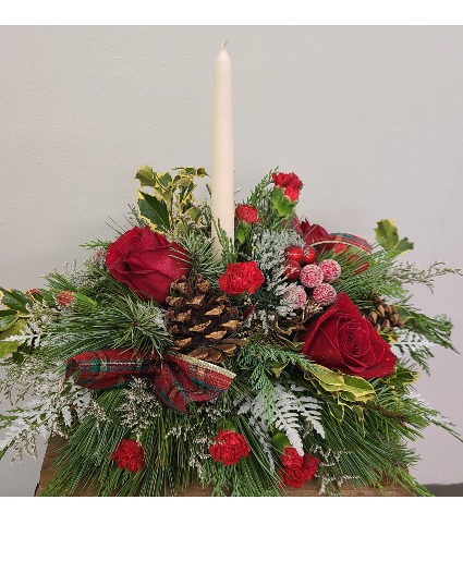Holiday Centerpiece with Candle Traditional Holiday Centerpiece with assorted pine