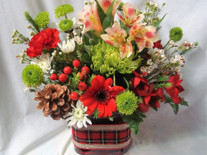 "HOLIDAY FAVORITE"  CUBE VASE WITH HOLIDAY  RIBBON AND GREEN, RED AND WHITE FLOWERS!(No Christmas Greens...Great for loved ones in the nursing homes that can't tolerate the smells) 