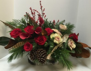 Holiday Grandeur birch basket or wooden box in Northport, NY | Hengstenberg's Florist