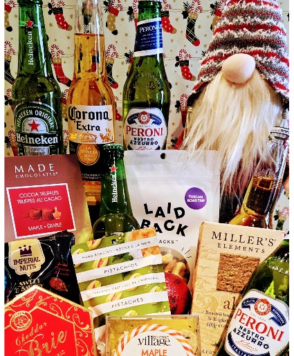 A GNOMOUS HOLIDAY CHEERS. A baskets of beers and savoury treats