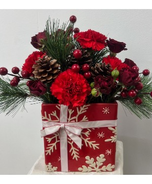 Holiday Hearth Surprise Christmas Floral Arrangement