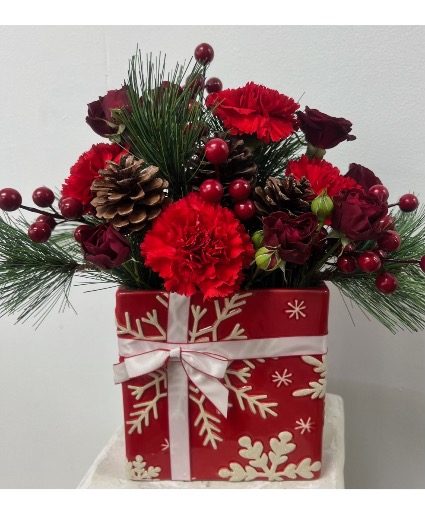 Holiday Hearth Surprise Christmas Floral Arrangement