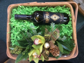 Holiday Hostess Gift - Mayfield Flowers EXCLUSIVE Vase arrangement with wine in basket