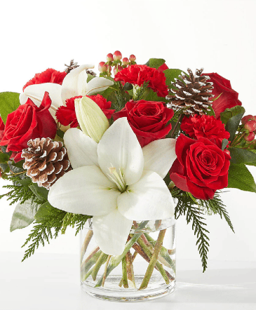 Holiday Hello Low Cylinder Vase Arrangement in Loganville, GA | Flowers From The Heart