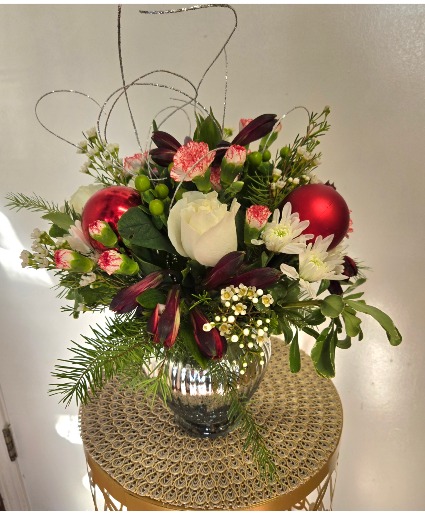 Holiday Sparkle Winter Greens with Fresh Flowers