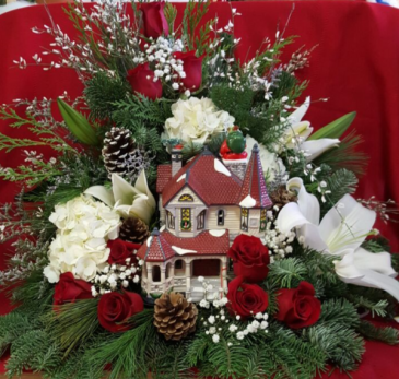 Holiday Spectacular with Large LED House Holiday Basket in Croton On Hudson, NY | Cooke's Little Shoppe Of Flowers