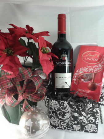 HOLIDAY TRIO Mini Poinsettia, wine and chocolates