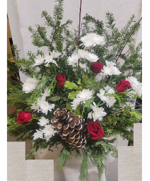HOLLY, BIRCH & CHRISTMAS GREENS W/ Roses 