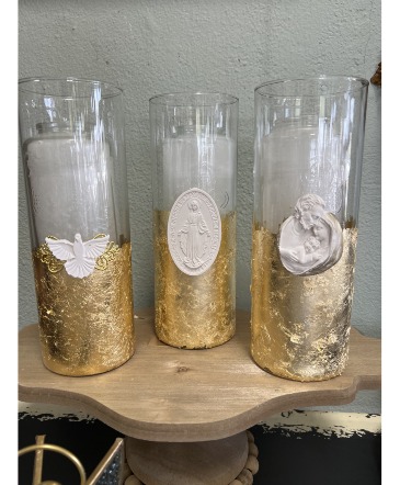 Holy Candle in Gold Glass Vase  in Eunice, LA | PETALS & POTS, LLC