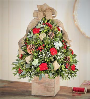 Home for the Holidays, Rustic Preference Beautiful Tabletop Floral Tree in Reusable Wood Cube