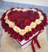 Heart Box With White Outline 50 Fresh Roses in Hat Box