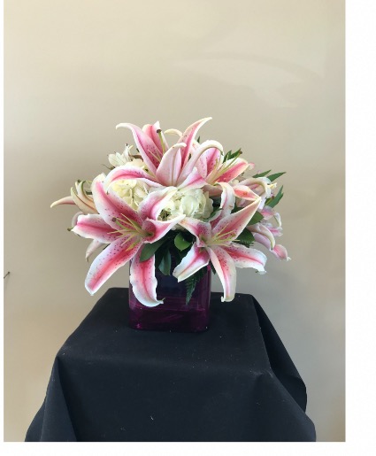 Hot fuchsia pink cube White hydrangeas stargazer filler