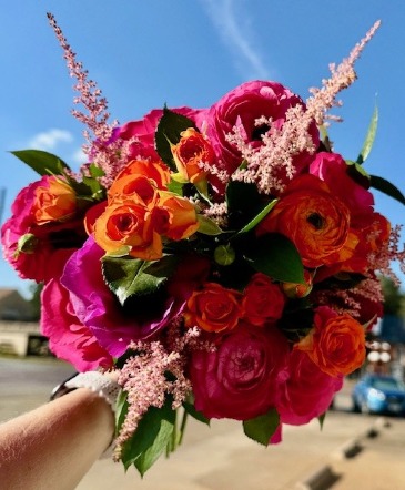 Hot Pink and Orange Hand-Tied Bouquet in Denison, TX | JUDY'S FLOWER SHOPPE Hot Pink and Orange Hand-Tied Bouquet in Denison, TX | JUDY'S FLOWER SHOPPE