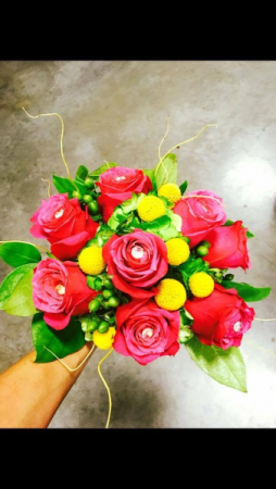 Hot pink and yellow Bouquet Wedding Bouquet, Hand tied