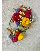 Hot Pink Blue and Yellow Corsage and Boutonniere 