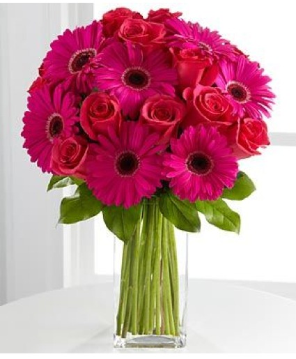 Hot Pink Gerbers and Roses  Vased Arrangement