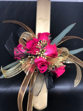 Hot Pink, Gold & Black Wrist Corsage Powell Florist Exclusive