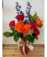 HOT PINK, ORANGE AND BLUE BLOOMS FRESH VASED ARRANGEMENT