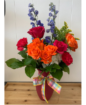 HOT PINK, ORANGE AND BLUE BLOOMS FRESH VASED ARRANGEMENT