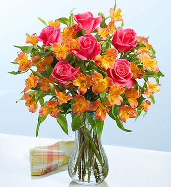 HOT PINK ROSE& ORANGE PERUVIAN LILY BOUQET 