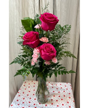 HOT PINK ROSE TRIO With Mini Carnations