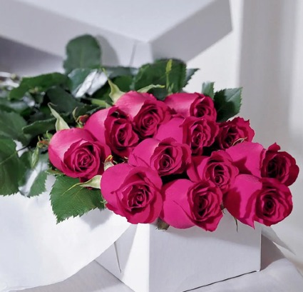 Hot Pink Roses In a White Gift Box 