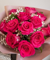 HOT PINK ROSES WRAPPED WITH BABY'S BREATH 