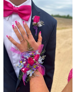 Hot Pinks and Purples Corsage and Boutonniere