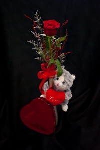 Huggie Bear Vase and Chocolates rose and chocolates