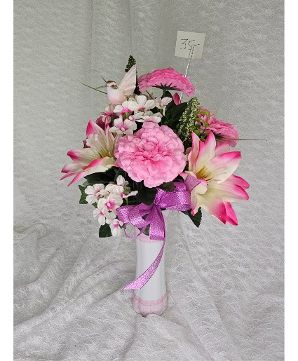 Humming Bird in Vase w/ Pink & White Silk Flowers 