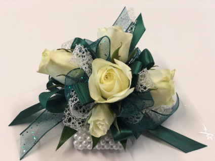 Hunter Green/Silver ribbon white spray roses
