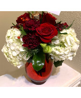 Hydrangeas, Wine color Carnations and Red Roses  