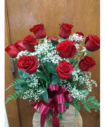 Dozen Red Roses with Baby's Breath in Vase in Lebanon, NH | LEBANON GARDEN OF EDEN FLORAL SHOP & GIFTS