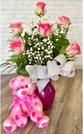 I Dream of Pink  Roses and Bear Arrangement 
