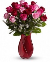 Exclusively at Flowers Today Florist " Art Glass Vase 10' Tall" with 18 Pink & Red Roses