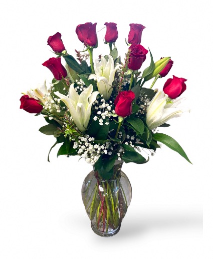 Red Roses and lilies In the Valley Vase Arrangement Pink or White  Lilies