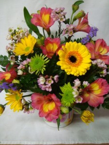 Cute Mug Arranged with Bright Mixed flowers!