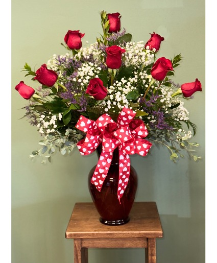 In House Valentine Dozen All around roses in red vase