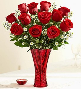 In Love 1 dozen red roses in elegant red vase