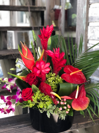 In Love with Tropical Flowers & Roses Container Full of Tropical Flowers, Orchids & Roses in Key West, FL | Petals & Vines