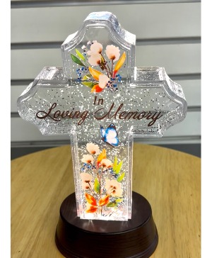 In Loving Memory Cross Water Glitter Lantern